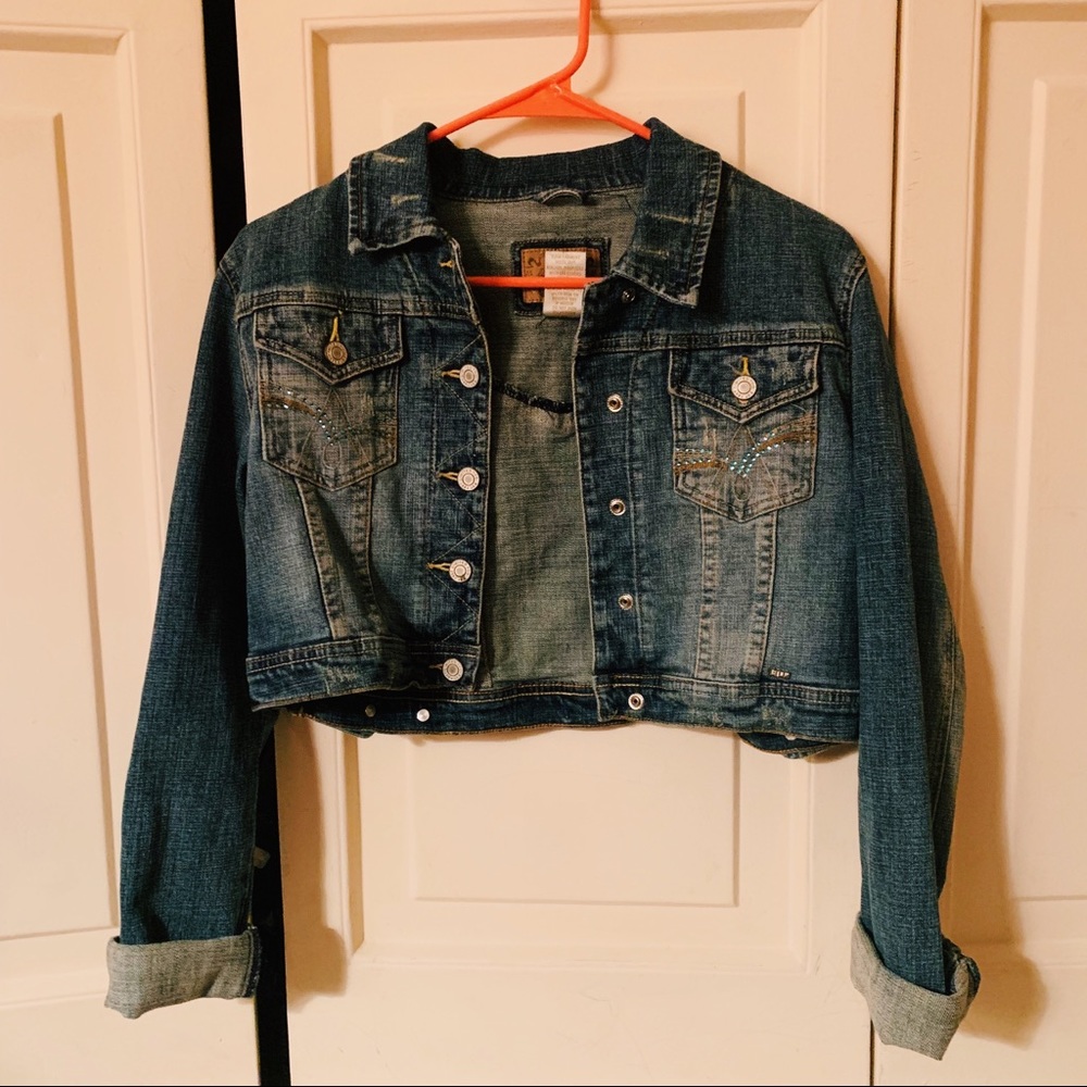 Vintage Y2K Limited Too Rhinestone Cropped Denim Jacket Blue